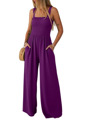 Lepunuo Jumpsuits for Women Casual One Piece Overalls Smocked Wide Leg Long Rompers With Pockets Beach Vacation
