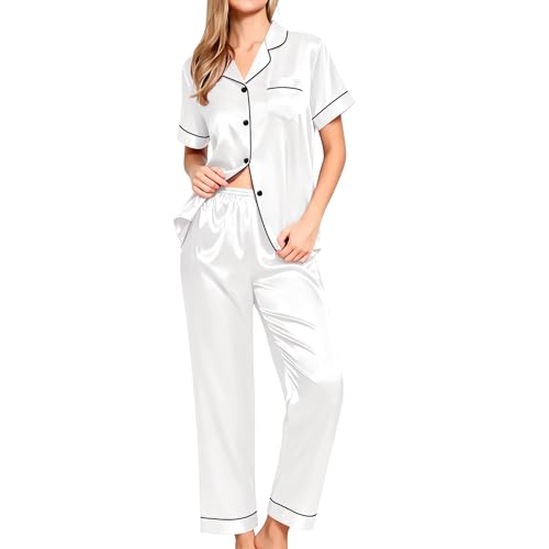 Image of SWOMOG Women Satin Pajamas Set Short Sleeve Top & Pants Sleepwear Silky Button Down Nightwear 2pcs Loungewear Pjs Set