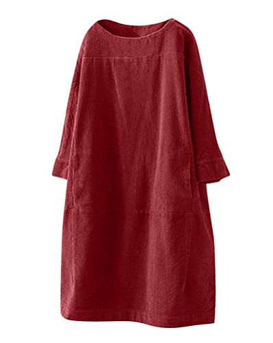 Onsoyours Damen Corduroy Tunika Kleider Rundhals Langarm Longshirt Oversize Pullover Lange Cordkleid Kleider mit Taschen Rot L