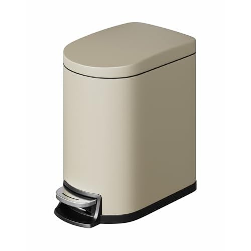 GarveeHome 1.6 Gal Step-On Trash Can, Stainless Steel Small Bathroom Garbage Bin with Soft Close Lid, Slim Space-Saving Design, Removable Inner Bucket for Bathroom, Bedroom, Office, Sand Bei