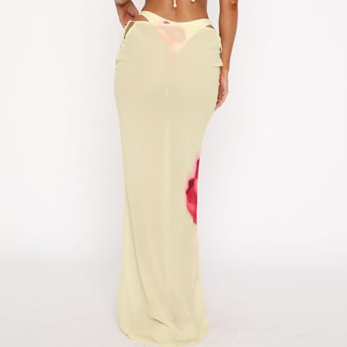 SOLILOQUY Women Y2K Floral Print Sheer Mesh Skirt Summer See Through Cover-up Bodycon Pencil Long Skirt Boho Beach Maxi Skirt4