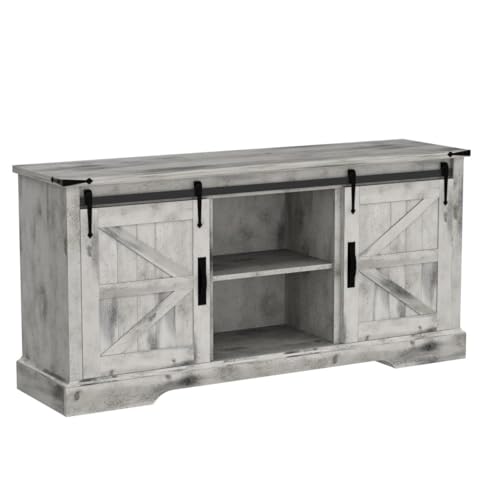 OKD Farmhouse Coffee Bar Cabinet, 58 Inch Buffet Sideboard Cabinet w/Sliding Barn Door, Adjustable Storage Shelves, Rustic Kitchen Storage Pantry for Dining Room, Living Room, Light Rustic Oak