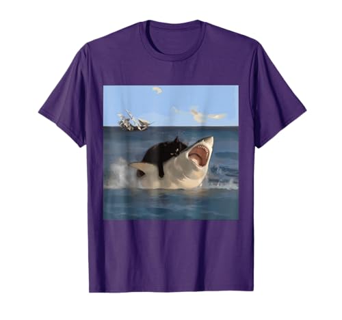 Cat Biting Shark Funny T-Shirt