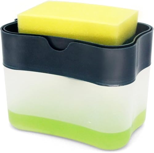 SKY-TOUCH Kitchen Dish Soap Dispenser with Sponge Holder 2 In 1 Sponge Rack Shelf Soap Detergent Dispenser Pump Large Capacity With Sponge 1 Hand Operation