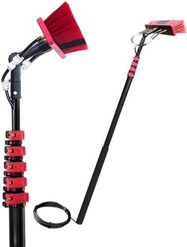 Brosse de nettoyage pour panneau solaire de 7,2 m avec têtes rotatives à 180°, poignée extensible et tuyau de 20 m (tête de 9,2 m, 35 cm) – Alimentation en eau pour un nettoyage efficace