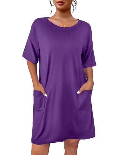 Image of Ekouaer Sleep Shirts for Women Nightgown Short Sleeves T shirt Night Dress Round Neck Womans Nightgown with Pocket S-XXL