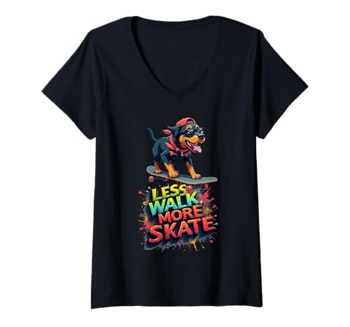 Mujer Divertido regalo de patineta para dueños de perros Rottweiler Camiseta Cuello V