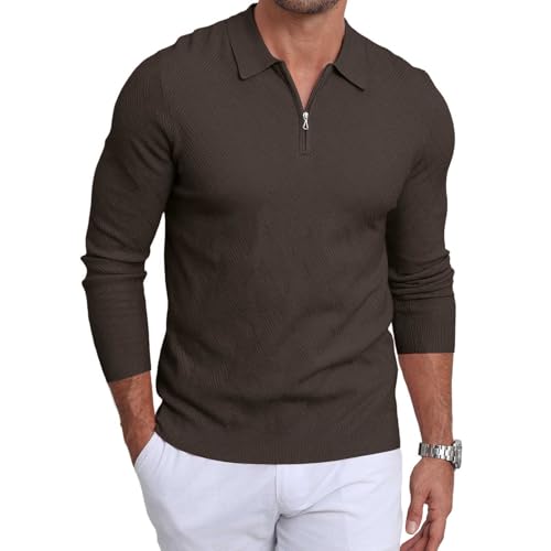Lexiart Men's Knit Polo Long Sleeve Slim Fit Textured Collared Quarter Zip Sweater Casual Lightweight