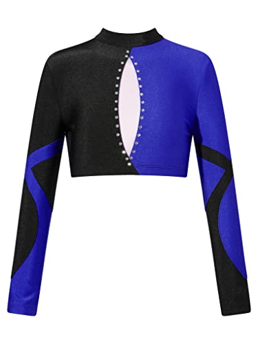 JanJean Kids Girls Long Sleeve Shiny Rhinestone Dance Crop Top for Hip Hop Jazz Streetwear Performance Show Blue Green 6 Years