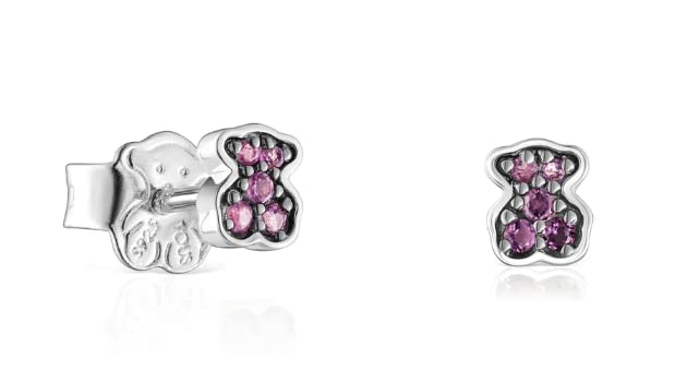 TOUS Pendientes de Plata de Primera Ley para Mujer con Cierre de Presión y Motivo Oso de Amatista, Minimalista y Elegante, Colección Motif