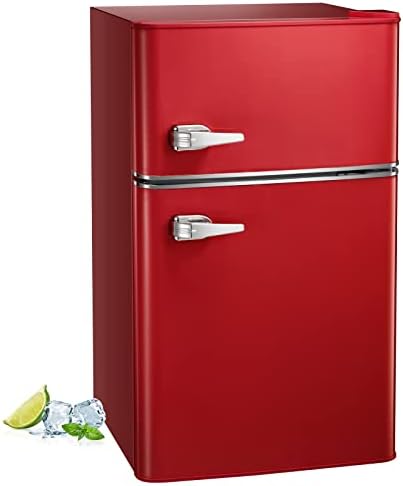 Havato Mini Fridge 3.2 Cu.ft Double 2-Door with Freezer, Retro Mini Refrigerator with Adjustable Thermostat, Removable Shelves, LED Light, for Dorm, Office, Bedroom, Kitchen Red