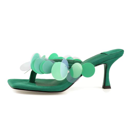 Image of Goolita Women's Suede Sequin Kitten Heels Flip Flops Open Square Toe Strappy Thong Slide Heeled Sandals Comfort Prom Party Mules Heels