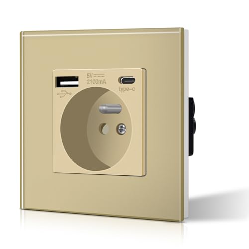 BSEED Prise Murale avec USB et Type C, Prise de courant en Verre avec USB 2.1A courant 16 Amp 240V 86mm Or