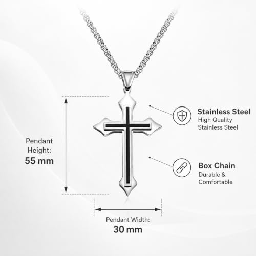 Image of M Men Style Religious Lord Jesus Christain Christ Cross Black and Silver Stainless Steel Pendant Necklace Chain for Men and Women SujalPn20221097