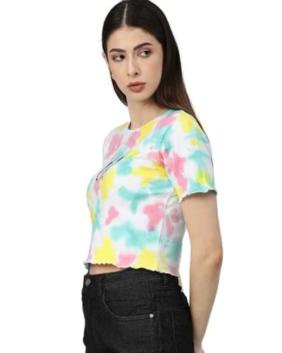 Image of JUNEBERRY Cotton Blend Regular Fit Half Sleeves Round Neck Tie-Dye Butterfly Printed Crop Top for Women & Girls