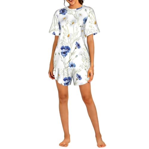 Pyjama à manches courtes pour femme en coton respirant motif marguerites