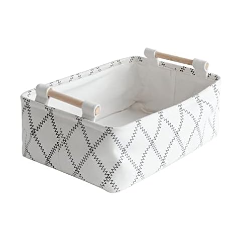 LUFOFOX Decorative Collapsible Rectangular Fabric Storage Bin Organizer Basket with Wooden Handles for Clothes Storage,15.4x10.6x5.1 inch,White Cover