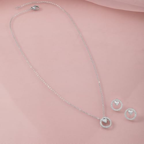 Image of Rubans Necklace Set Heart American Diamond & Cubic Zirconia Studded Circle Charm Pendant Jewellery Gift for Women & Girls
