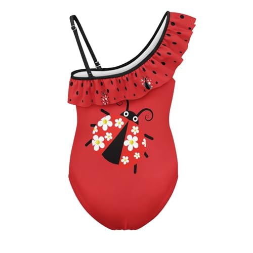Image of Ladybug Swimsuits for Girls 5-14 One Piece Bathing Suit Kids One Ruffle Shoulder Beach Sport Swimwear
