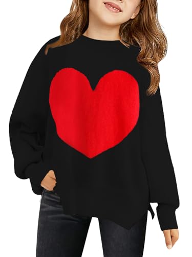 Haloumoning Girls Oversized Sweaters Kids Fashion Heart Batwing Sleeve Ribbed Knit Side Slit Pullover Tops