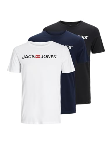 JACK & JONES JJECORP Logo Tee SS Crew Neck 3PK MP T-Shirt, Blanc/Pack : 1 Noir, 1 Bleu Marine, 1 Blanc, L (Lot de 3) Homme