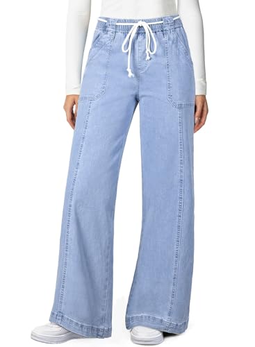 Astylish Womens Jeans Drawstring High Waisted Wide Leg Pants Straight Leg Stretchy Casual Denim Cowgirl Outfits with Trendy Fashion Pockets Dusk Blue Size 18