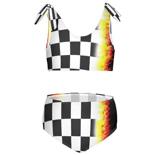 Boccsty Fire Burning Checkered Girls Tankini Swimsuits Racing Flag Kids Bikini Sets 2 Pcs Bathing Suit for 7-8T