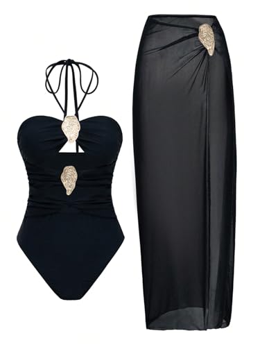 Sthxyfaith Womens One Piece Swimsuits with Cover Up wrap Skirt Bikini Swimsuit Set 2Pice Bathing Suits for Women Black Small