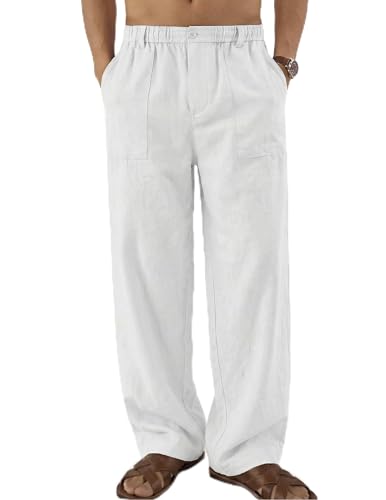 COOFANDY Men's Casual Cotton Linen Pants Lightweight Relaxed Fit Yoga Trousers Summer Vacation Beach Pants White