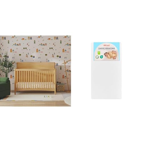DaVinci Frem 4-in-1 Convertible Crib in Honey with Comfort Crib Mattress Bundle, GREENGUARD Gold Certified
