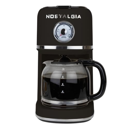 Image of Nostalgia Classic Retro 10 Cup Coffee Maker - One-Touch Drip Brew, Reusable Filter - Anti-Drip, Auto Shutoff, & Time Display - Dishwasher Safe 50 oz Carafe - Black