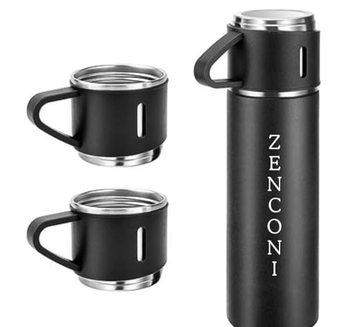 Image of Vacuum Flask Set with 2 Cups, Double Wall Stainless Steel Thermo 500ml Vacuum Insulated Bottle Water Flask Set with 3 Cups with Two Cups Hot & Cold