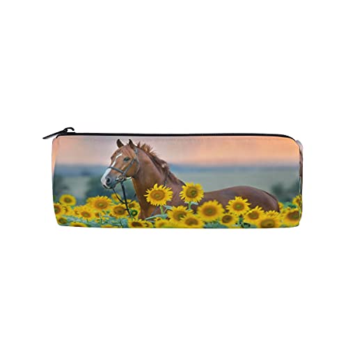 Image of AUUXVA Horse Sunflower Pencil Bag, Animal Flower Floral Round Pencil Case Zipper Pen Pouch Cases Stationery Bag Cosmetics Makeup Brush Bags for School Office Work College