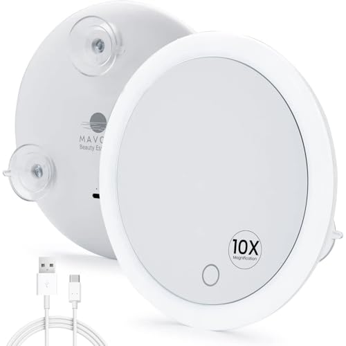 Mavoro Espejo Aumentador LED 17 cm con 3 ventosas Fuertes | Aumento 10X | Espejo de Maquillaje y cosméticos de Viaje portátil Iluminado (batería integrada Recargable USB C | 10X)