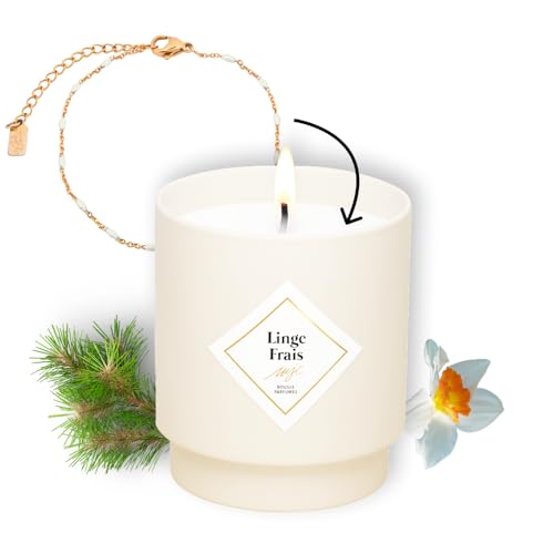 MY JOLIE CANDLE - Bougie Bijou Parfumée Linge Frais - Bracelet doré en acier inoxydable avec perles crèmes - Cadeau parfait pour Noël et anniversaire - Cire à base végétale - Made in France