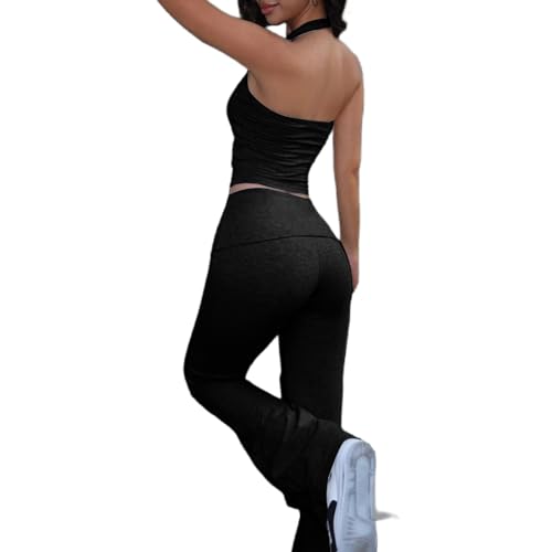 Workout Outfits for Women 2 Piece Halter Neck Crop Tank Top and High Waist Flare Pants Tracksuit Sets Streetwear2