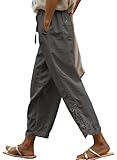Acelitt Women Casual Linen Pants Lightweight Drawstring Elastic Waist Fall Fashion Ankle Capri Pants with Pockets Gray Small