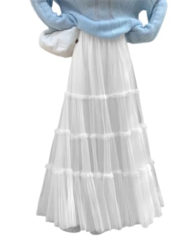 Women Mesh Solid A-Line Elastic High Waist Patchwork Pleated Long Skirt Summer Thin Flowy Maxi Skirt2