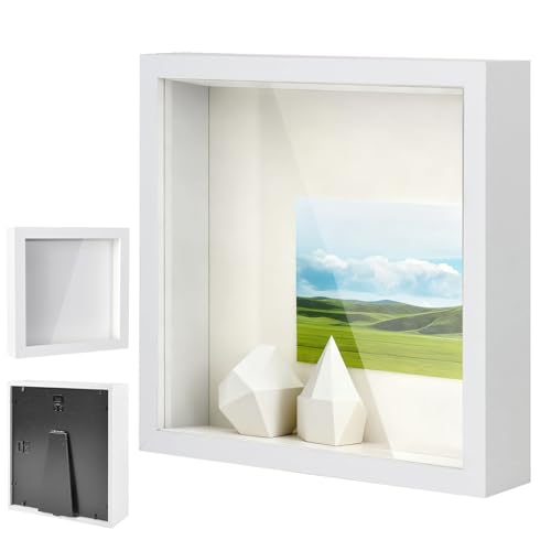 Marco de Fotos 3D, Marco de Fotos con Relleno 3D, Marco de Fotos con Profundidad, Marco de Fotos Rellenable, 20 x 20 cm, Pared o Escritorio, Rellenar Objetos, Blanco