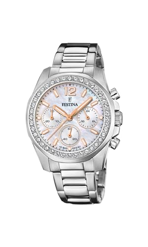 Festina Montre Femme Analogique Acier Inoxydable 316L Argenté - Quartz Chronographe - Verre minéral Haute résistance - Étanche 10 ATM F20606/1 - Boyfriend...