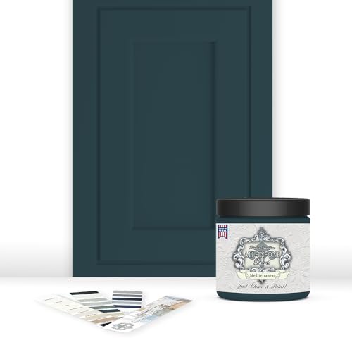 ALL-IN-ONE Paint, Durable cabinet and furniture paint. Built in primer and top coat, no sanding needed. Includes our 30 featured color card - Mediterranean, 8oz Sample