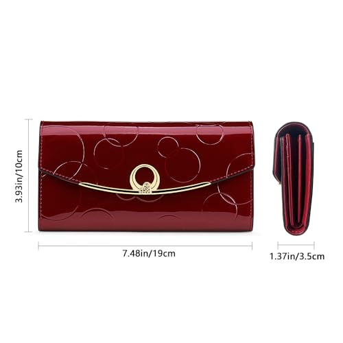 RFID Blocking Genuine Leather Wallet for Women Large Capacity 3-Fold Magnetic Closure Embossed Pattern Anti-Theft (Wine Red)3