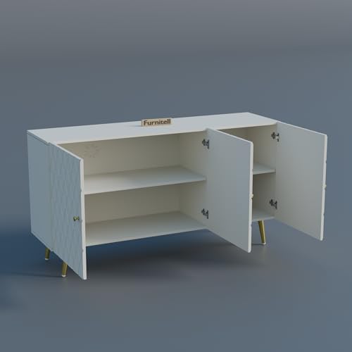 Image of Wooden Sideboard Cabinet for Living Room & Bedroom | Geometric Design Side Board Crockery Cabinet with 3 Doors Storage for Home | HDMR Premium Wood | Golden Metal Legs (White)