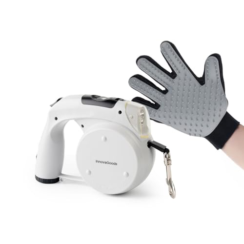 InnovaGoods Guinzaglio per cani 6 in 1, estensibile, per cani, 4 m, con guanto per spazzolare e massaggiare animali domestici, rimuove i peli morti, migliora la circolazione, guinzaglio leggero