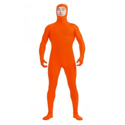 HSEMLIOE Mens Open Face Spandex Zentai Bodysuit Full Body 2nd Skin Tight Suit Stretchy Halloween Costume Unitard FluOrange L