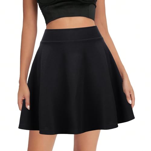 Women's Mini Skater Skirt - A-Line High Waist Solid Color Tennis School Short Skirt - Pleated (M, Black)
