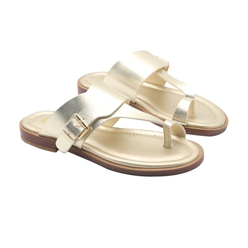 Women'S Leather Flat Toe Ring Flip Flops With Adjustable Buckle Slip On Comfortable T-Strap Toe Clip Slides Sandals For Daily Travel Causal Beach