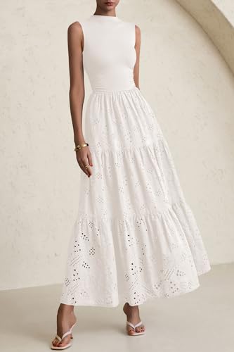 Image of PRETTYGARDEN Summer Dresses for Women 2026 Casual Eyelet Sleeveless Wedding Guest Maxi Dress Tank Top Sundress with Pockets