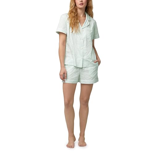 Image of Bed Head PJs Women's Short Sleeve Woven Cotton Sateen Shorty Pajama Set - Organic, Soft, Lightweight, Classic Fit Sleepwear