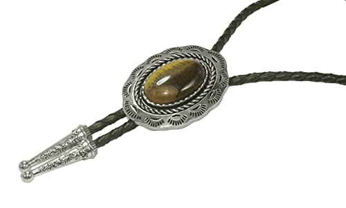 Image of Moranse Bolo Tie with Natural Tiger Eye Stone Celtic Style Genuine and Cowhide Rope